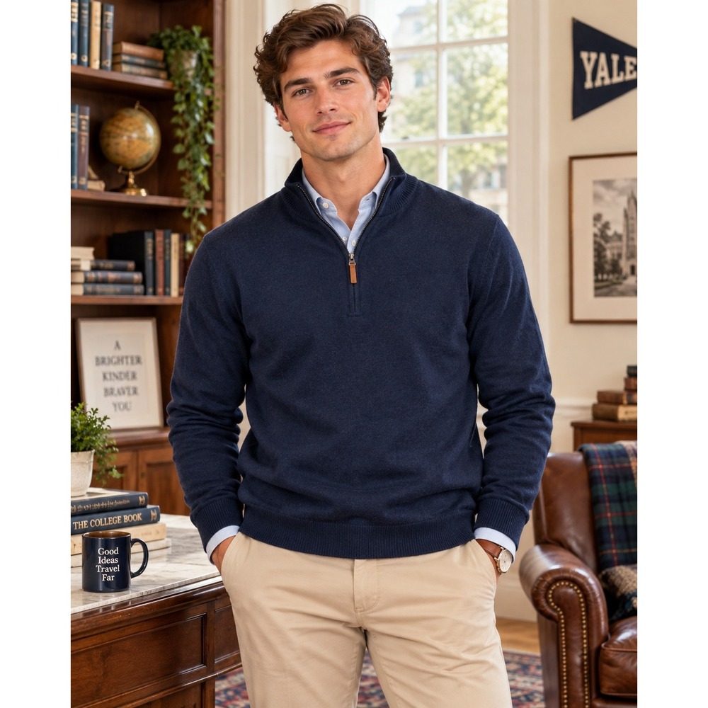Nordstrom 2XL Cashmere Sweater Navy Blue Quarter Zip Mock Neck Pullover Preppy